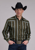 MENS ROPER OLIVE BLACK AND GREY STRIPE WESTERN SNAP SHIRT 01-001-0044-1043