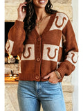 Western Plaid V Neck Knit Long Sleeve Regular Fit Cardigan P1722BRN