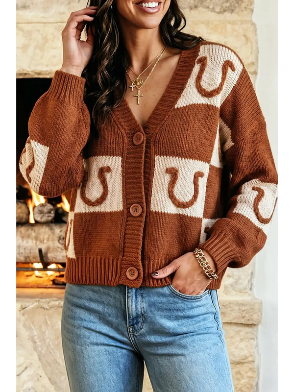 Western Plaid V Neck Knit Long Sleeve Regular Fit Cardigan P1722BRN