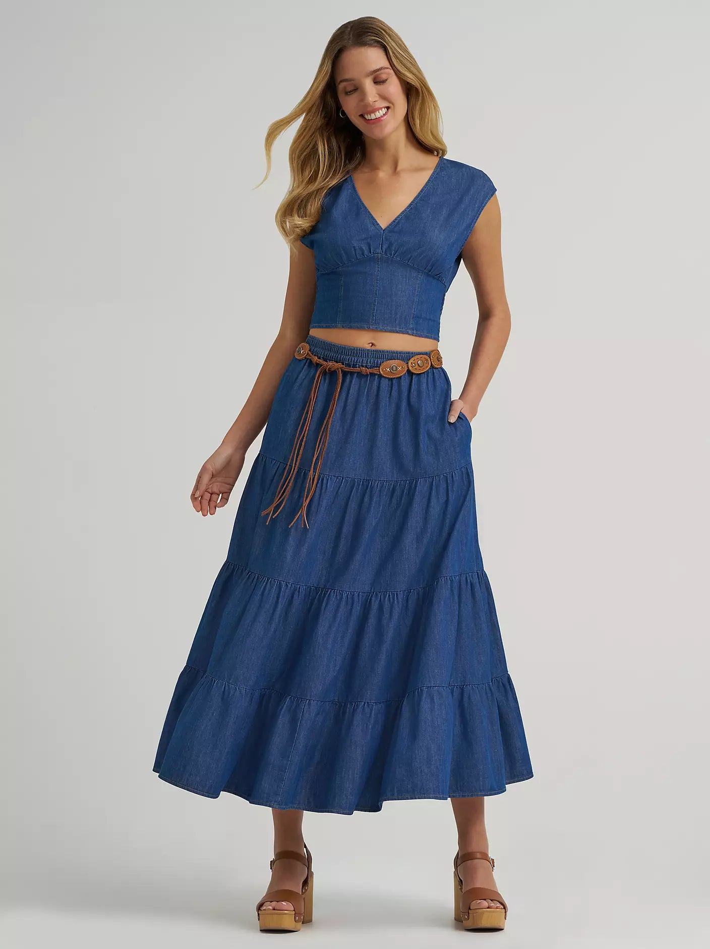 Women's Wrangler Denim Tiered Maxi Skirt in Dark Denim  112375219