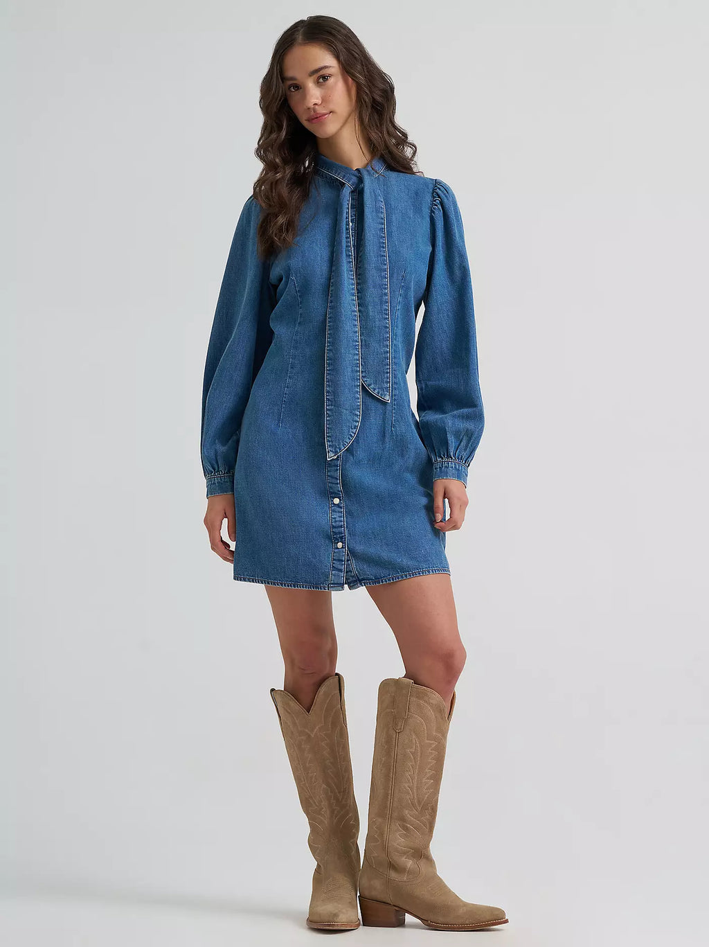 WOMEN'S WRANGLER DENIM TIE NECK SNAP DRESS 112385430