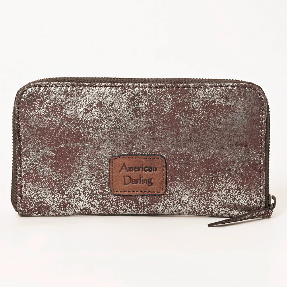 ADBGZ776 Distressed Metallic Leather Zip-Around Wallet - Western Cowhide Look