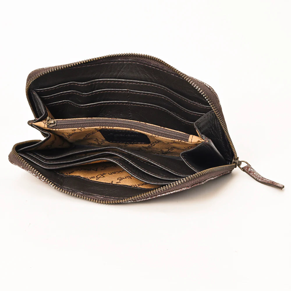 ADBGZ776 Distressed Metallic Leather Zip-Around Wallet - Western Cowhide Look