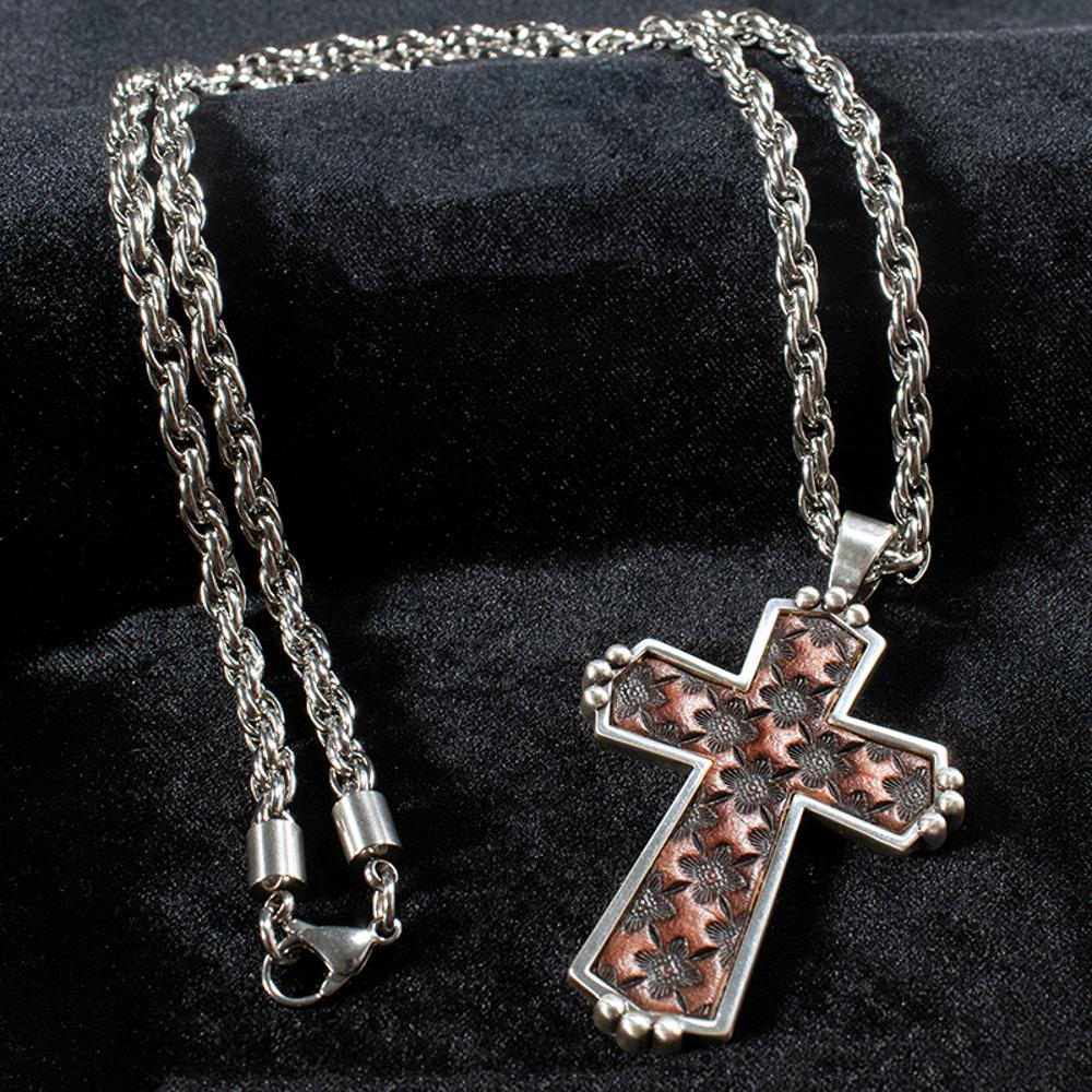 MEN'S LEATHER CROSS CHAIN NECKLACE D47018