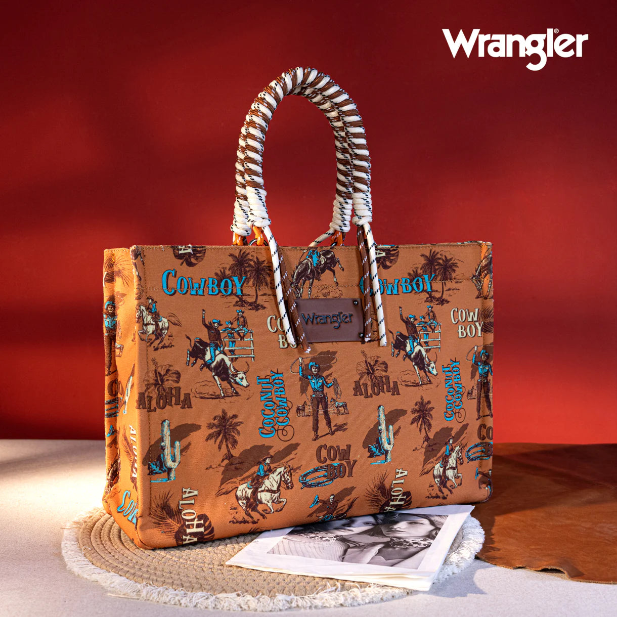 WG284D-8119BR Wrangler COWBOY Dual Sided Print Canvas Wide Tote -Brown