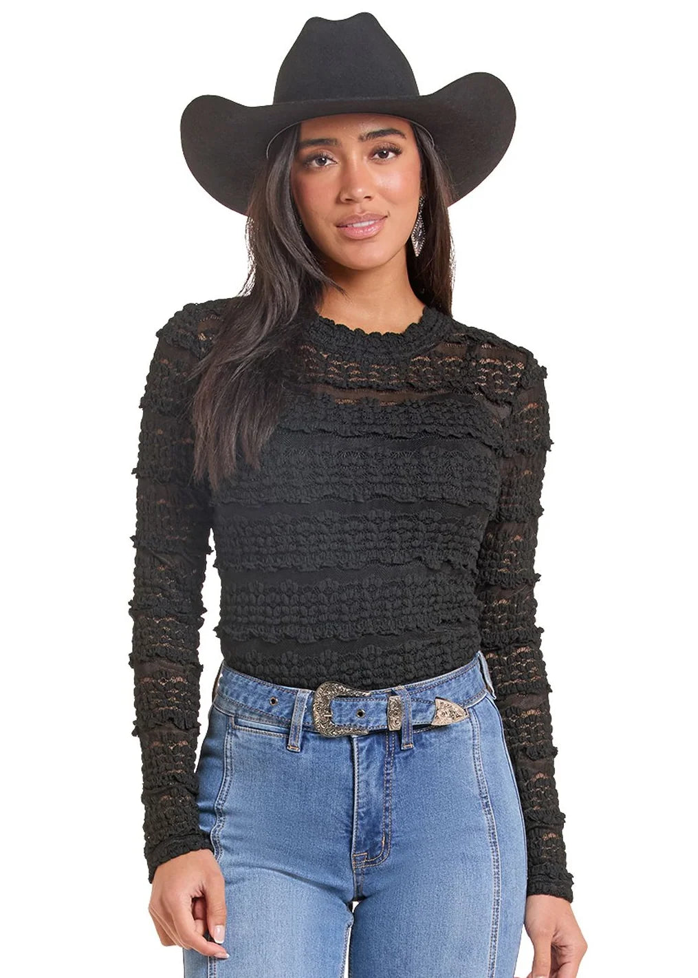 BLACK KNIT LACE LONG SLEEVE TOP BW22T09956