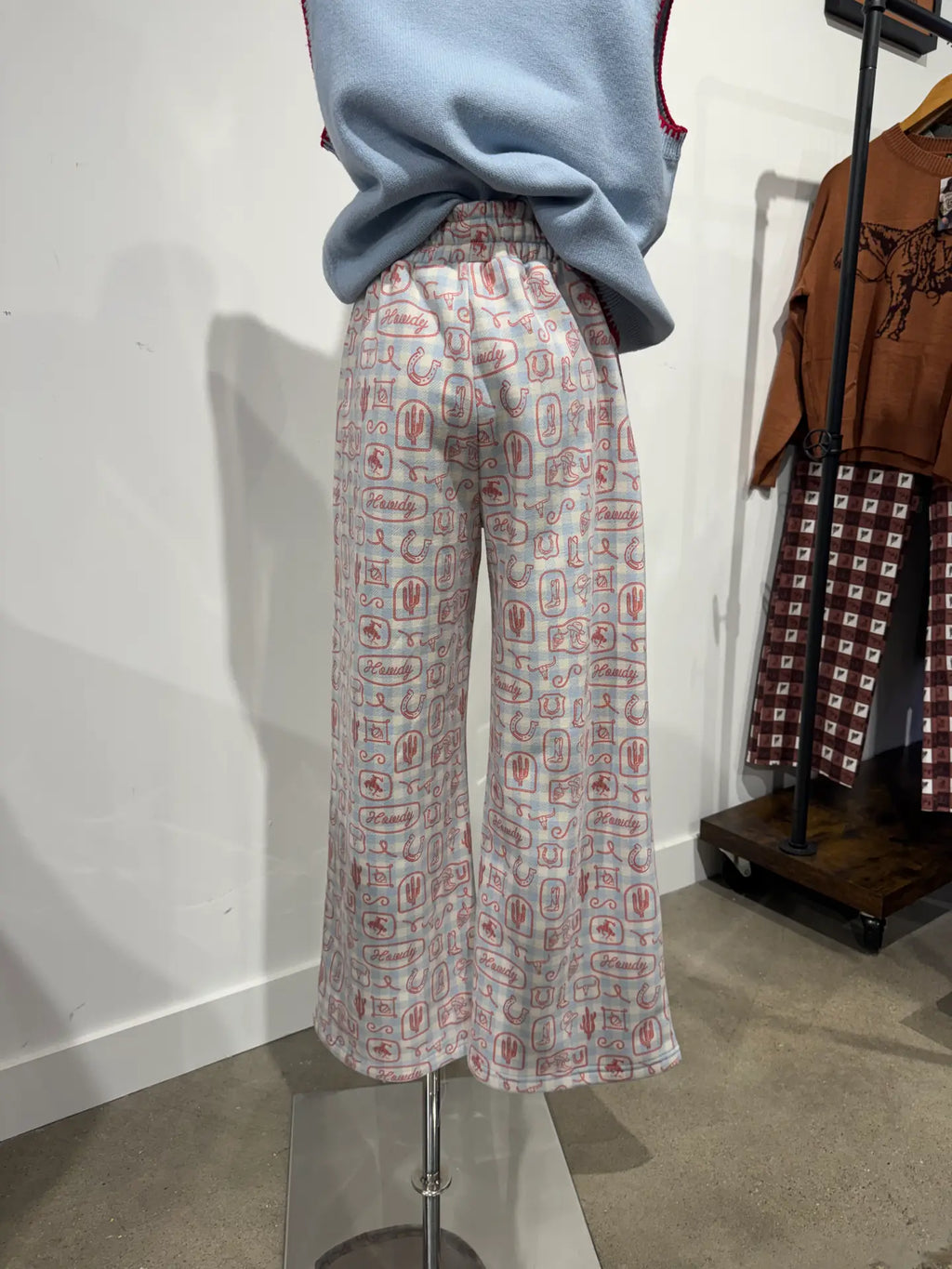 Fleece Crop Lounge Pant with Western Gingham Print