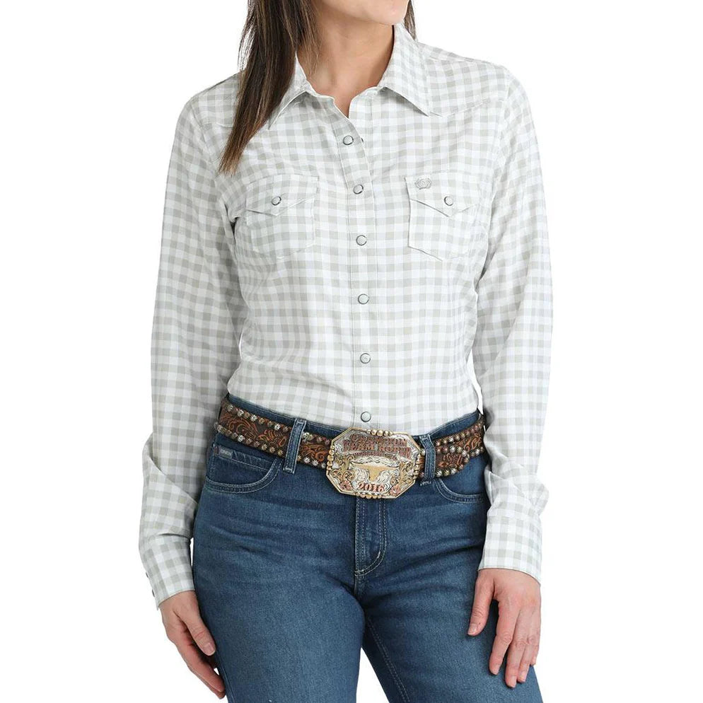 Cinch Women's White Gingham ArenaFlex Long Sleeve Shirt MSW9206005