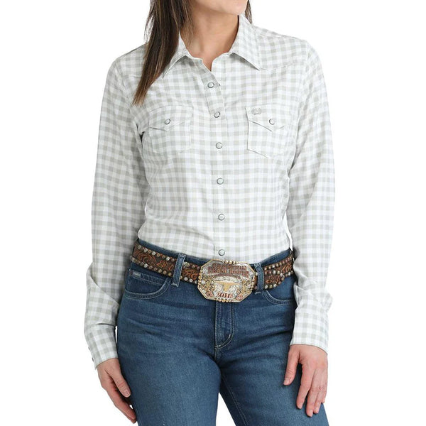 Cinch Women's White Gingham ArenaFlex Long Sleeve Shirt MSW9206005