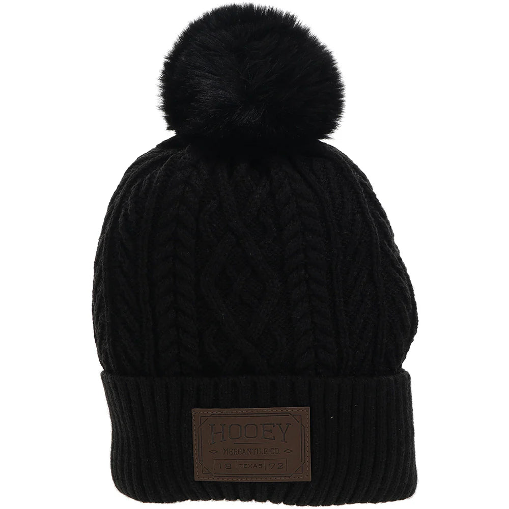 "HOOEY BEANIE" BLACK W/LEATHER PATCH & POM POM: 2055BK