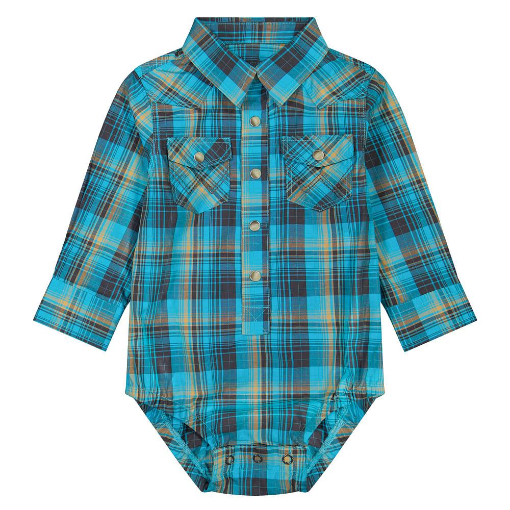 WRANGLER INFANT TEAL PLAID ONESIE 112381488
