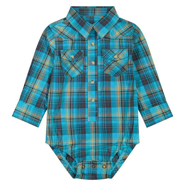 WRANGLER INFANT TEAL PLAID ONESIE 112381488