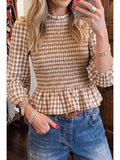 Plaid Shirred Plaid Round Neck Peplum Top P1720