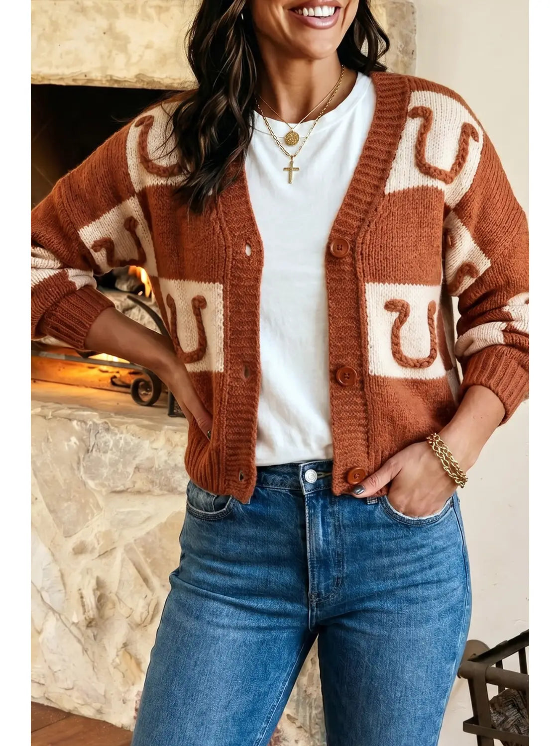 Western Plaid V Neck Knit Long Sleeve Regular Fit Cardigan P1722BRN