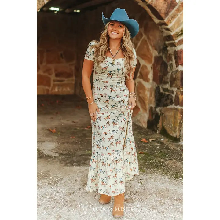 DR743-HRS Cream Running Horse Dress