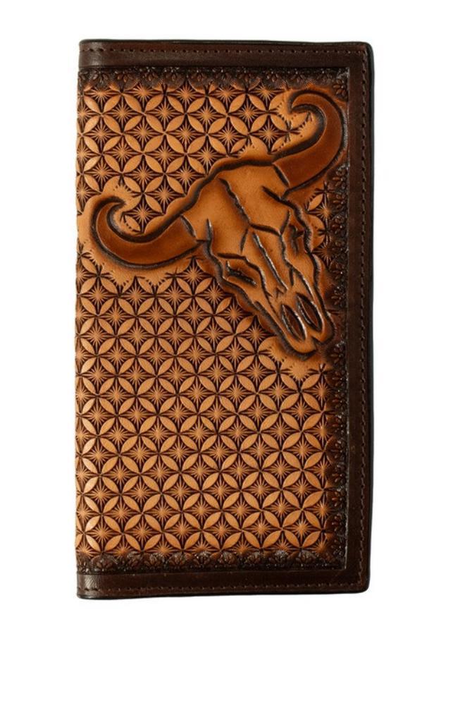 3D Western Wallet Mens Rodeo Cow Skull Stained Edge Brown D250015302
