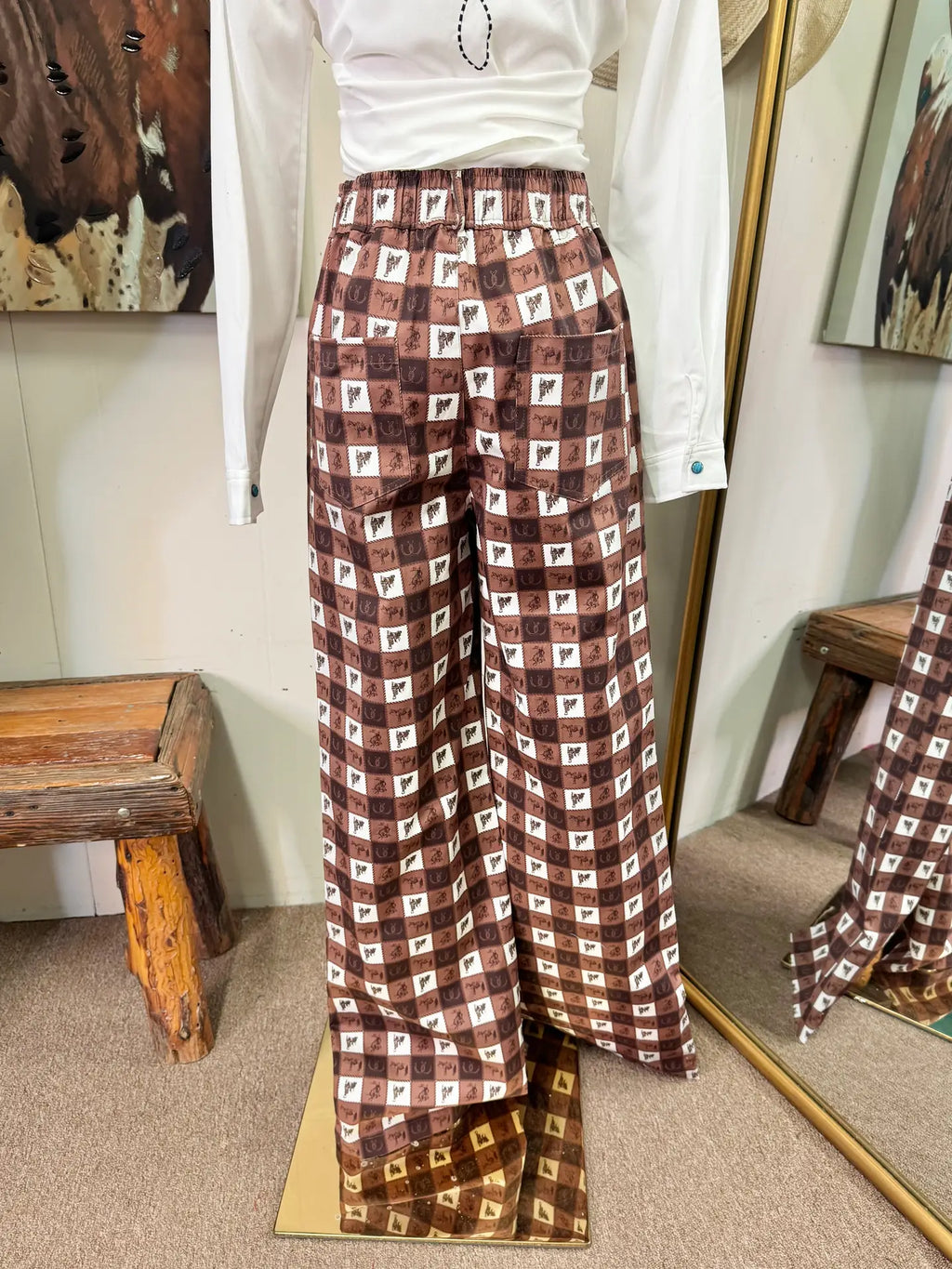 Brown Western Plaid Gingham Print Pants