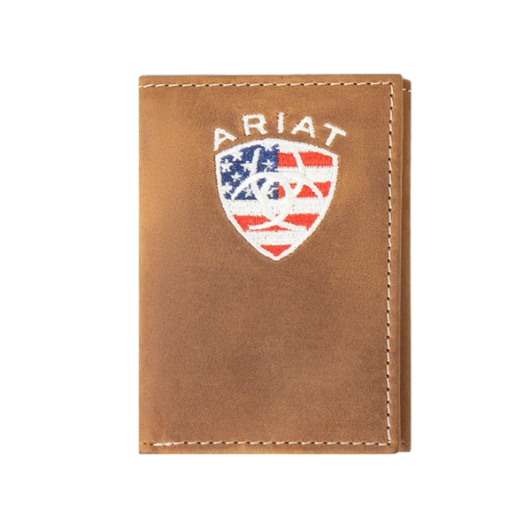 Ariat American Flag Embroidered Aged Bark Trifold Wallet A35548217