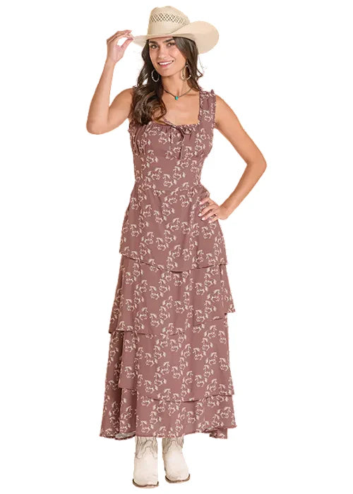 Rock & Roll Women's Brown Western Horse Print Maxi Dress BWDOR08817