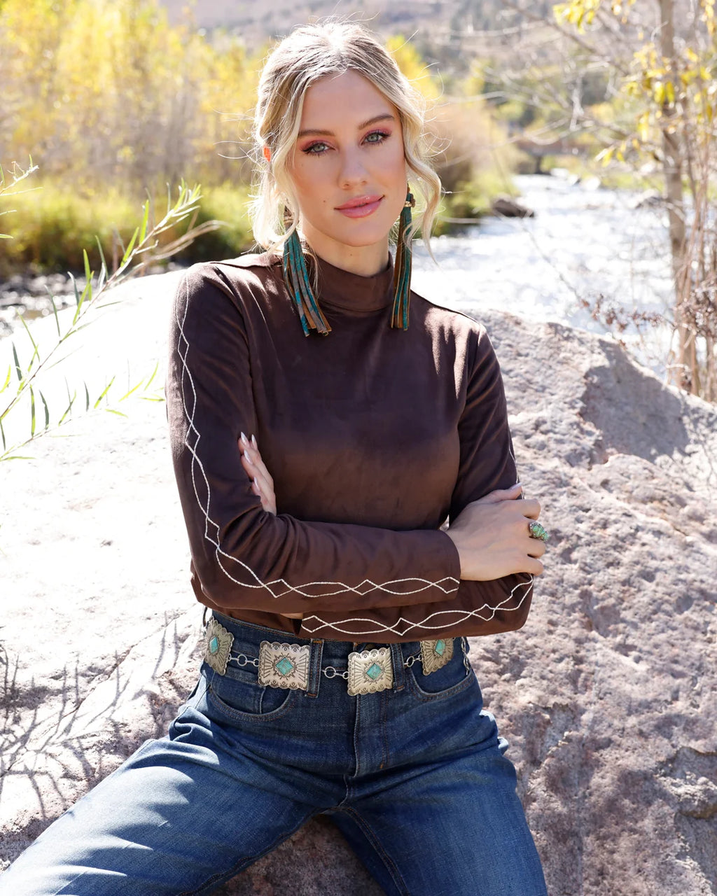 Cruel Girl Denim Women's Brown Faux Suede Boot Stitch Long Sleeve Shirt CTK7549001