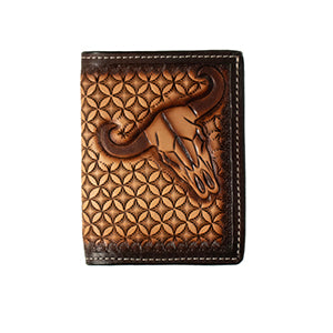 3D Western Wallet Mens Rodeo Cow Skull Stained Edge Brown D250015402