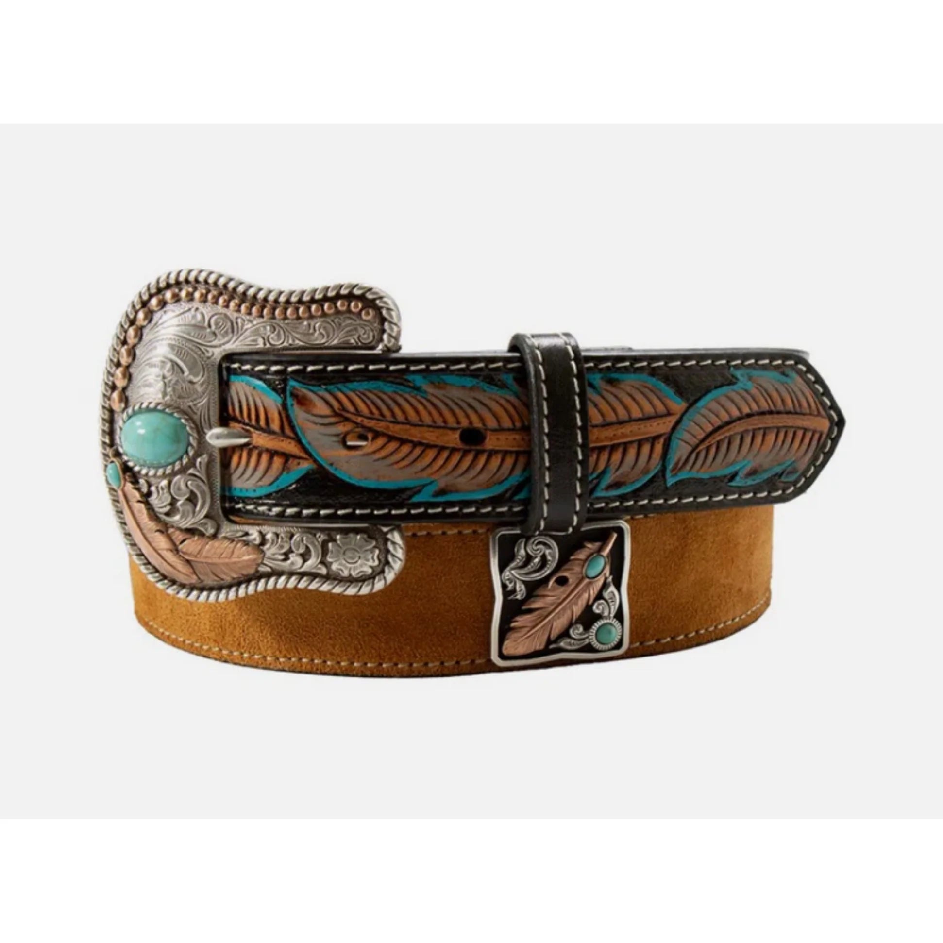 Nocona Ladies Belt, Ruffout with Square Feather & Turquoise Concho - N320007208