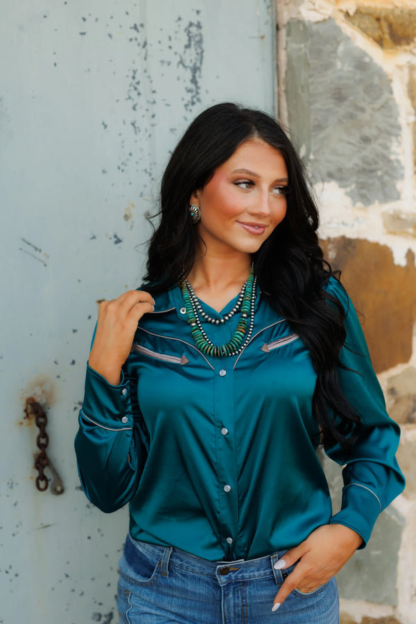 Pearl Snap, Teal Satin LS HH2708