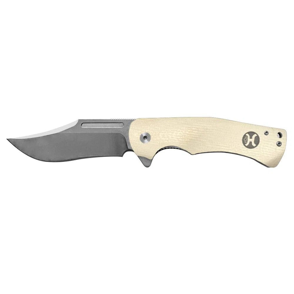 "WHITE G10 CLIP POINT FLIPPER" HOOEY KNIFE HK1002