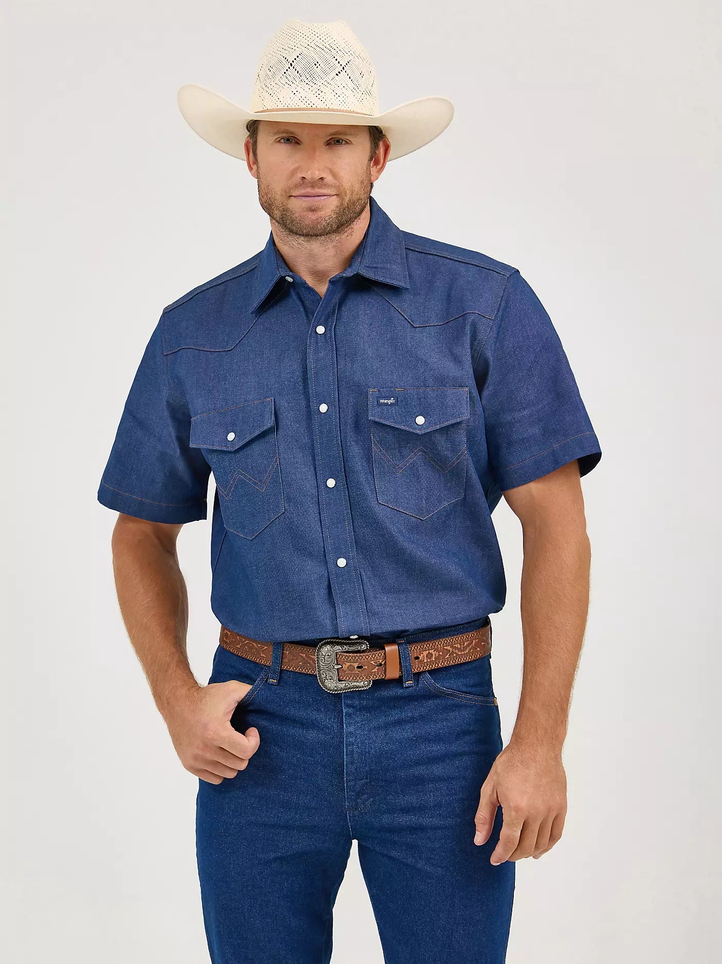 MS3127B COWBOY CUT® FIRM FINISH DENIM SHORT SLEEVE WORK WESTERN SHIRT