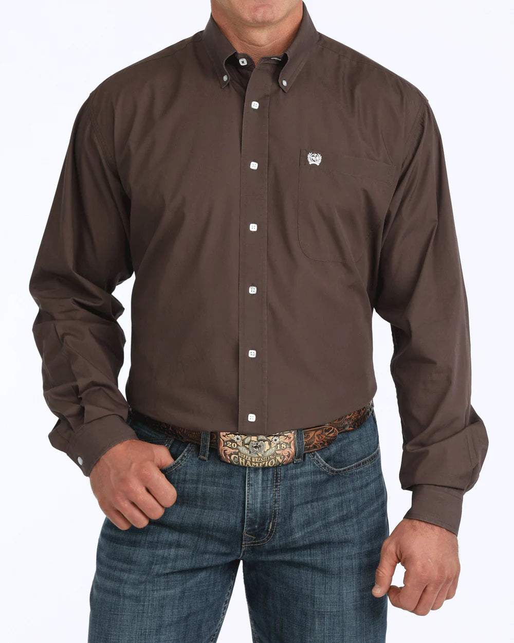 MENS CINCH SOLID BUTTON DOWN BROWN MTW1104236