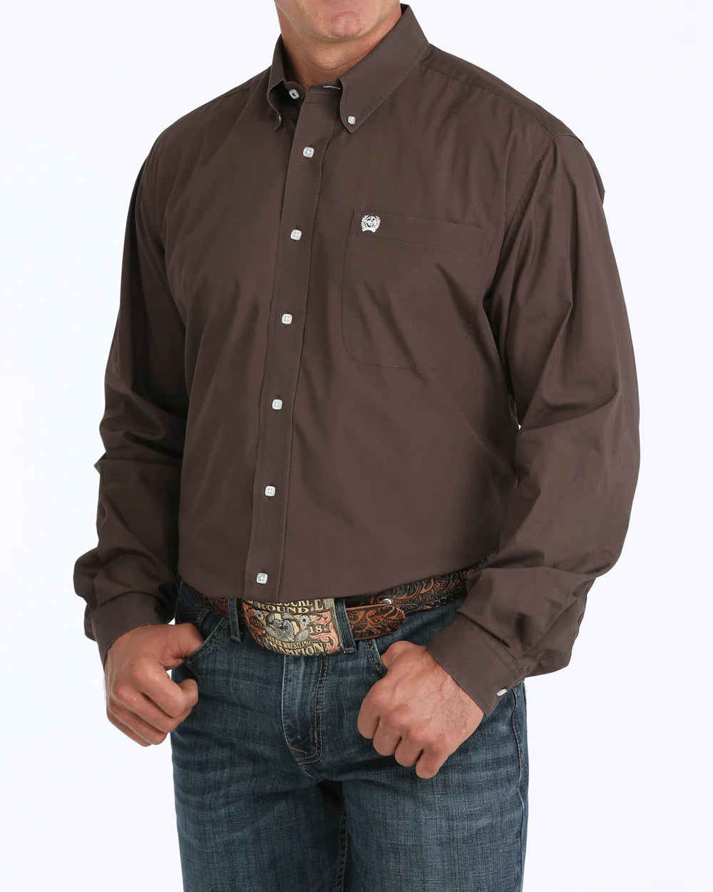 MENS CINCH SOLID BUTTON DOWN BROWN MTW1104236