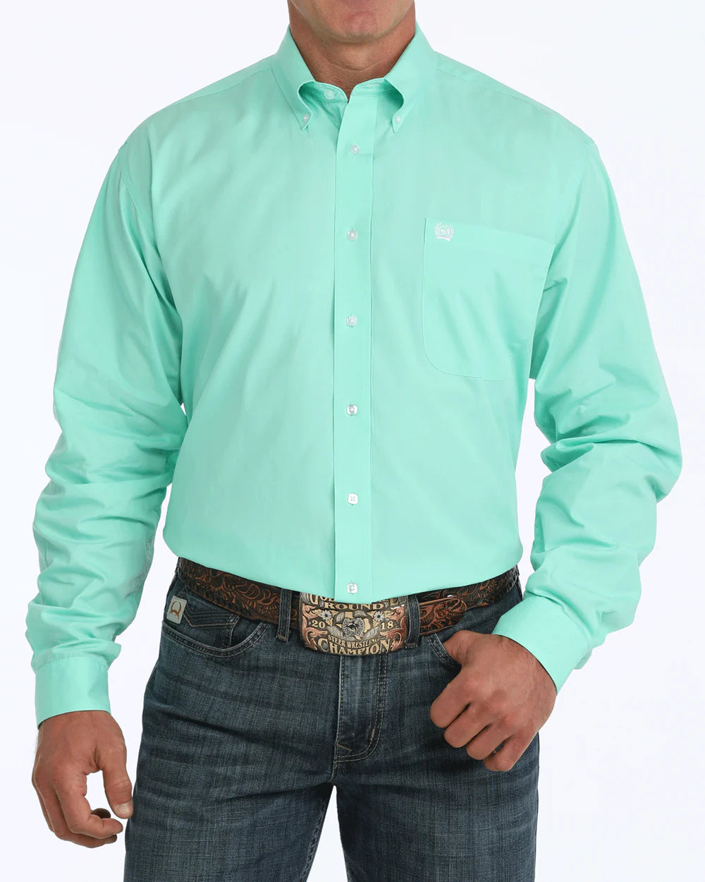 MENS CINCH SOLID BUTTON DOWN GREEN MTW1104237
