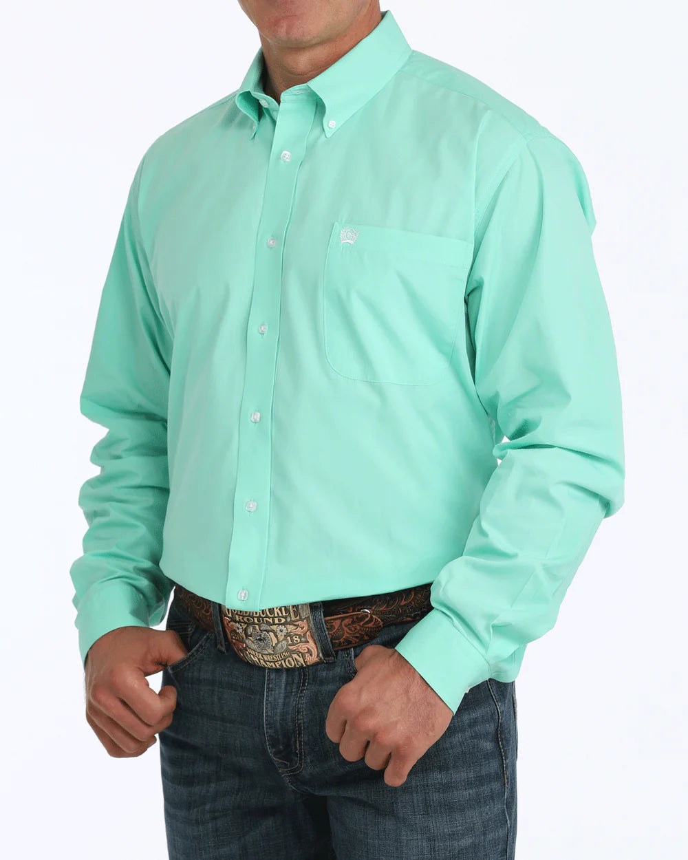 MENS CINCH SOLID BUTTON DOWN GREEN MTW1104237