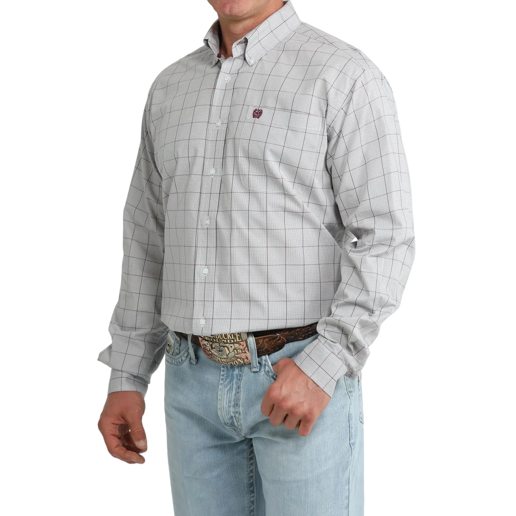 Men's Cinch Long Sleeve Gray Plaid Button Down Shirt MTW1106111
