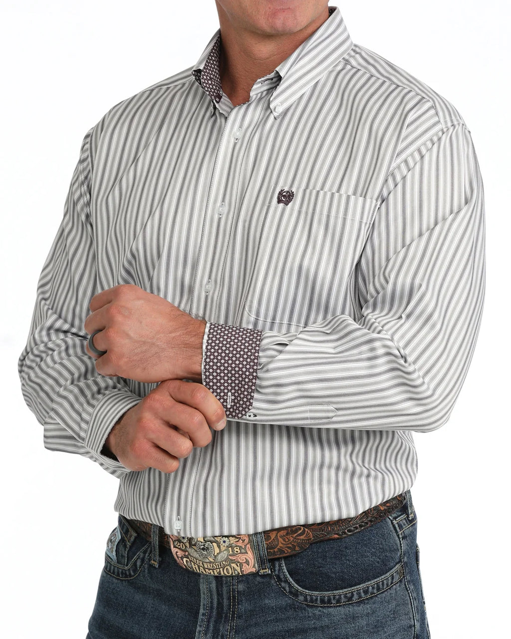 CINCH MEN'S GREY STRIPED LONG SLEEVE BUTTON UP SHIRT MTW1106163