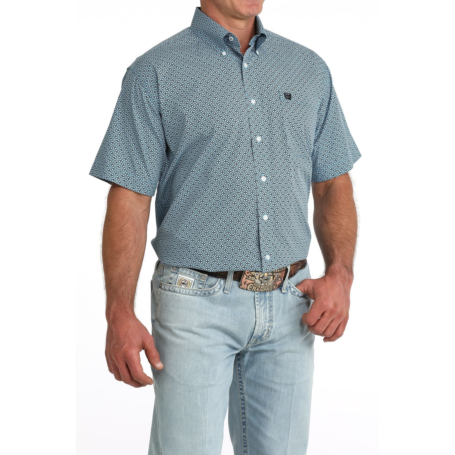 Men's Cinch Short Sleeve Blue Printed Button Up Shirt MTW1111518
