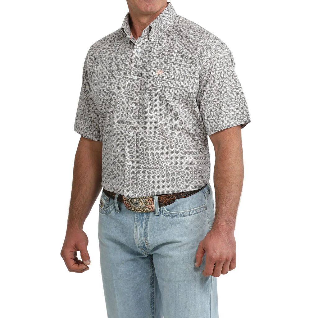 Men's Cinch Short Sleeve White Geo Print Button Down Shirt MTW1111524