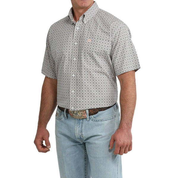 Men's Cinch Short Sleeve White Geo Print Button Down Shirt MTW1111524