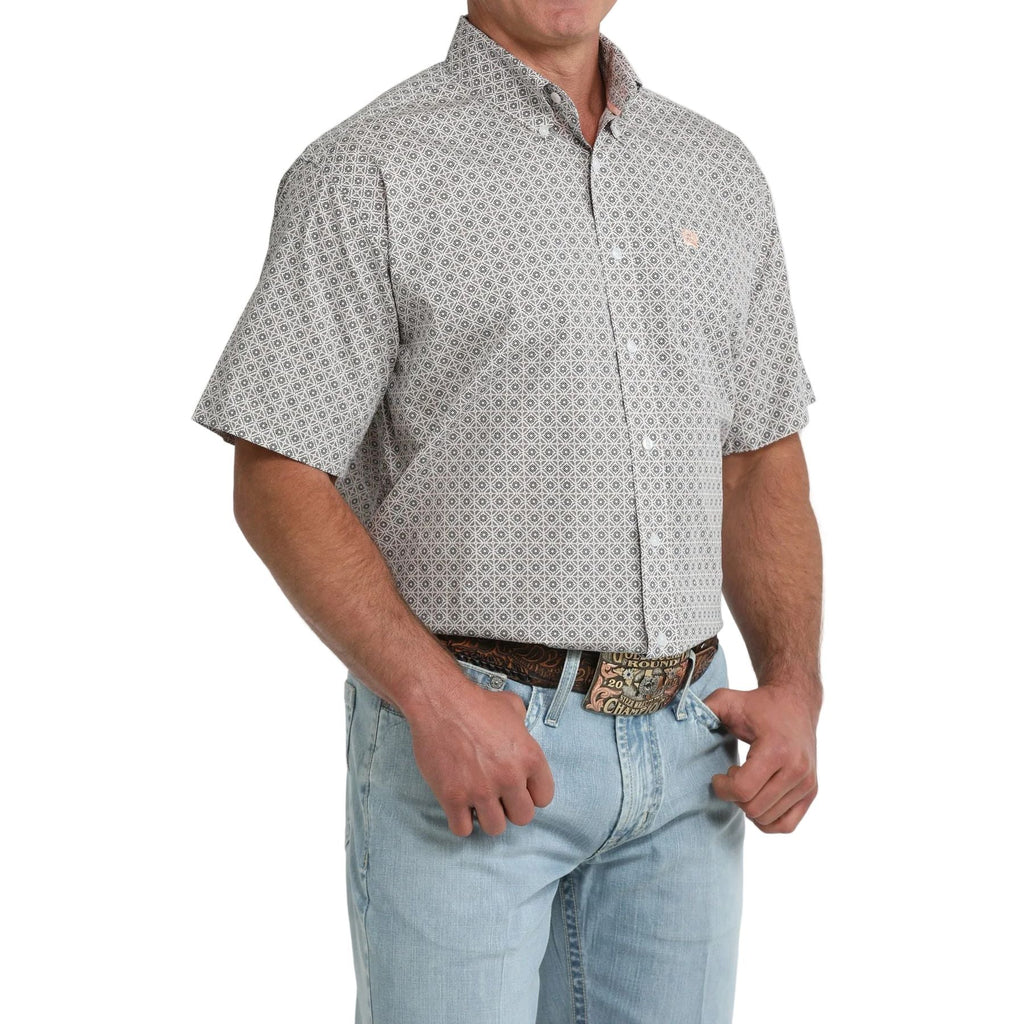 Men's Cinch Short Sleeve White Geo Print Button Down Shirt MTW1111524