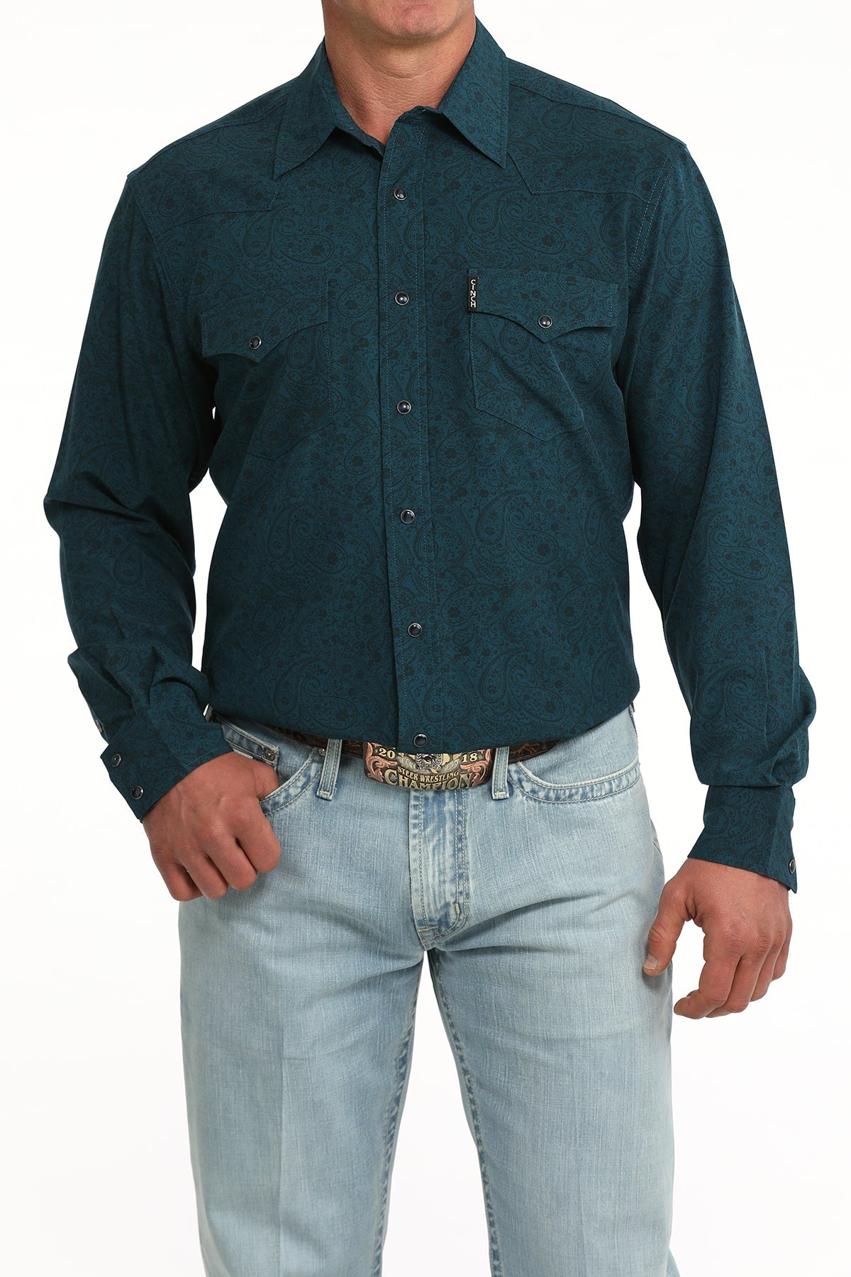 CINCH MENS TEAL PRINT MODERN LONG SLEEVE SHIRT MTW1303107