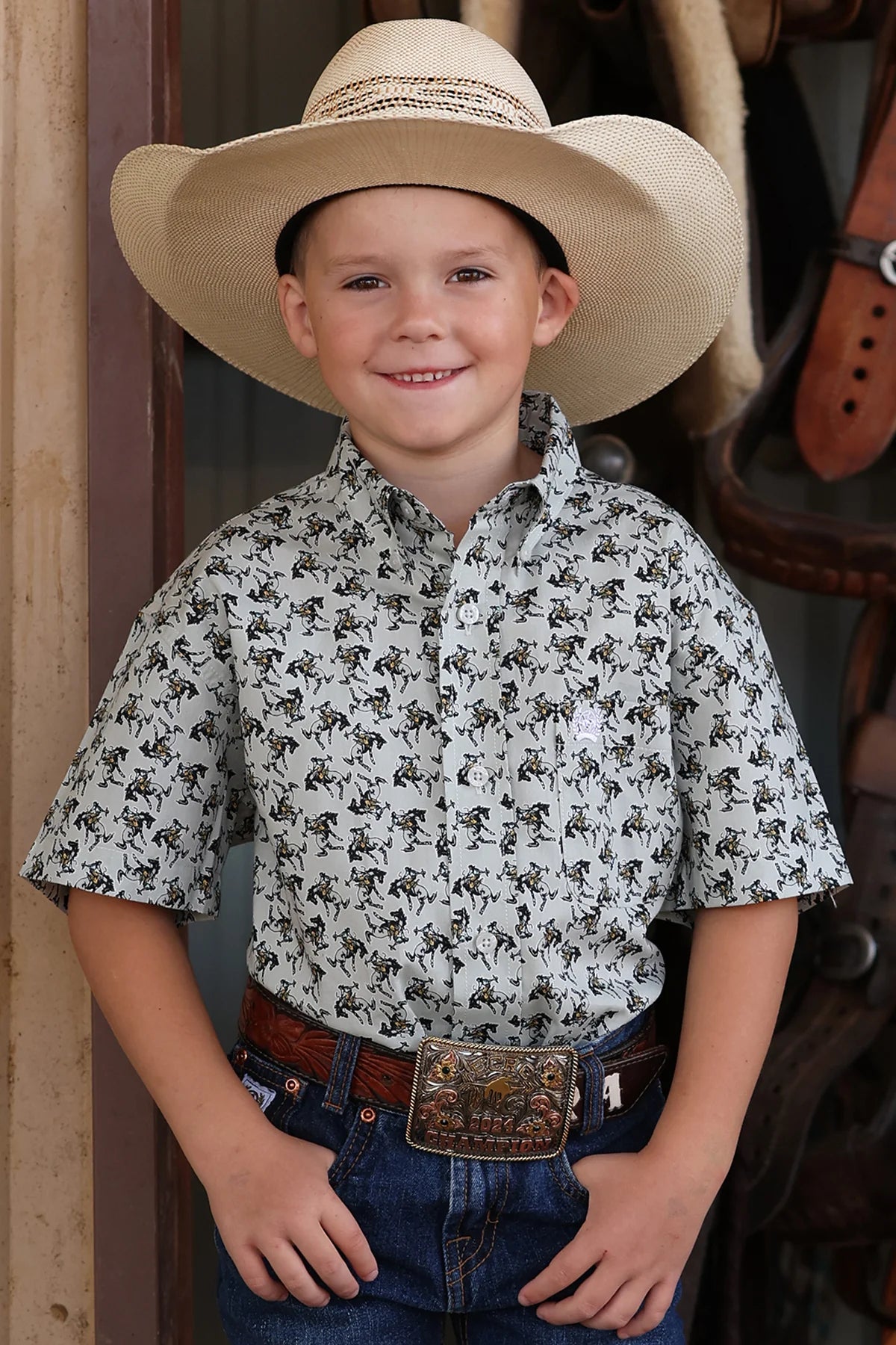 BOYS CINCH BUCKING HORSE WESTERN PRINT SHORT SLEEVE SHIRT - MTW7140038