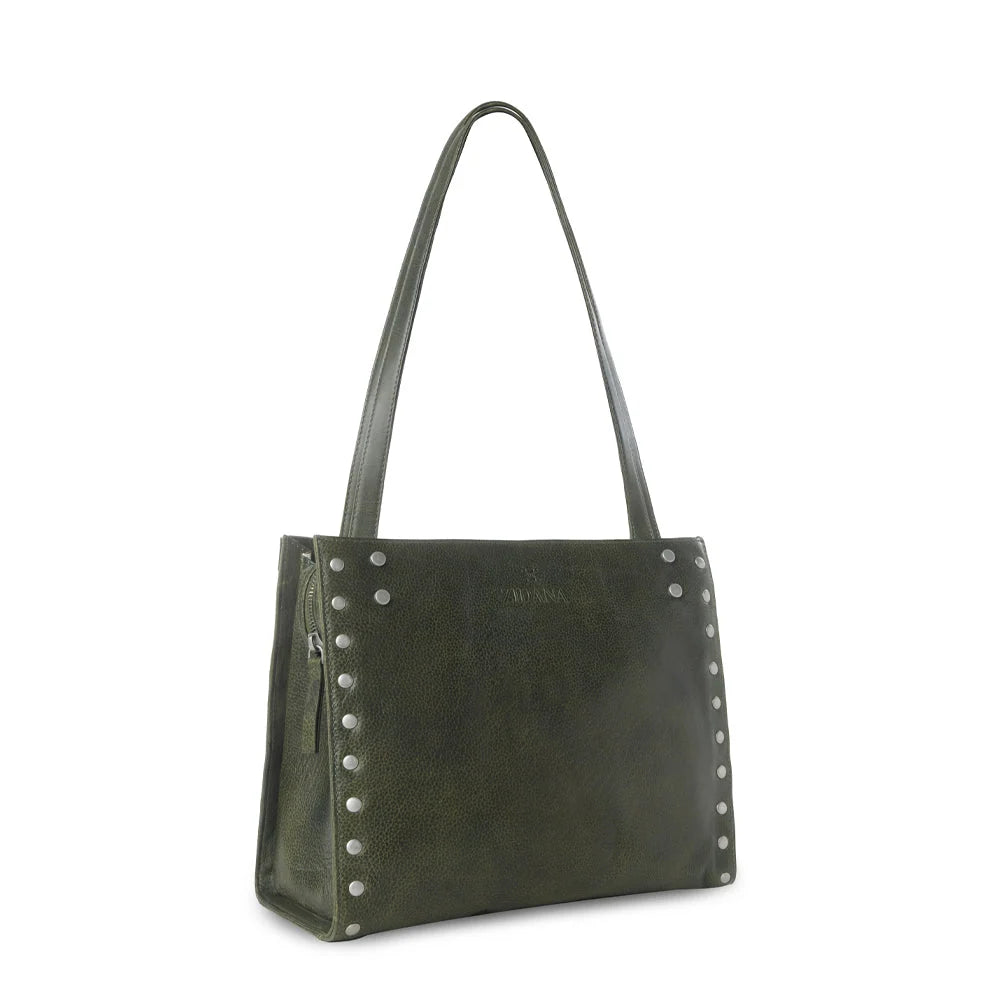 Myra Zidana Aria Amethyst Veg Tanned Leather Tote Bag In Dark Fern S-13831