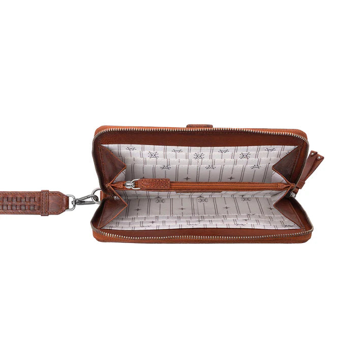 S-13869 MYRA ZIDANA ELKO BRAIDED VEG TANNED LEATHER WALLET IN AUBURN GLOW