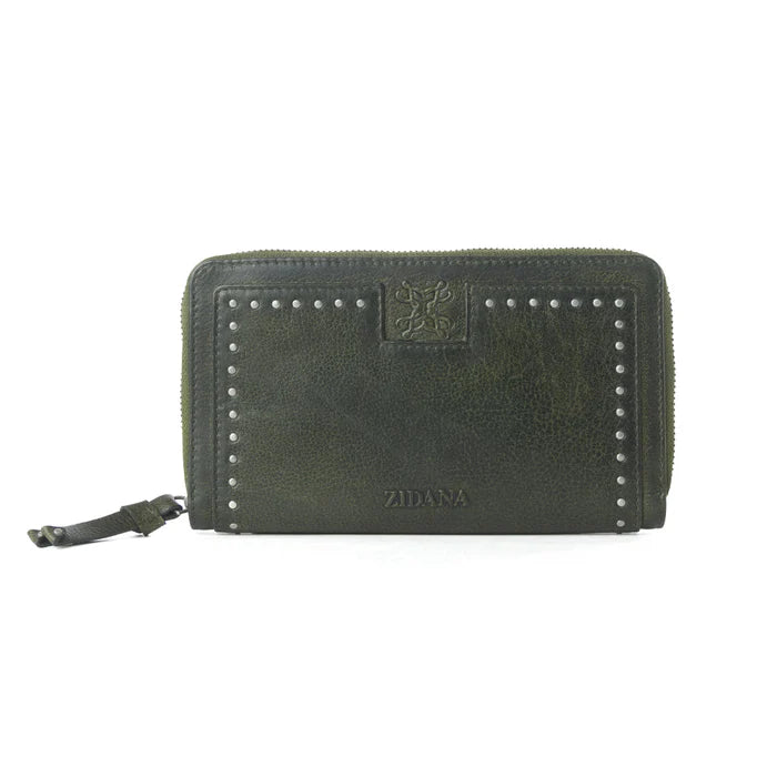 S-13873 MYRA ZIDANA ASTRA STUDDED VEG TANNED LEATHER WALLET IN VELVET MOSS