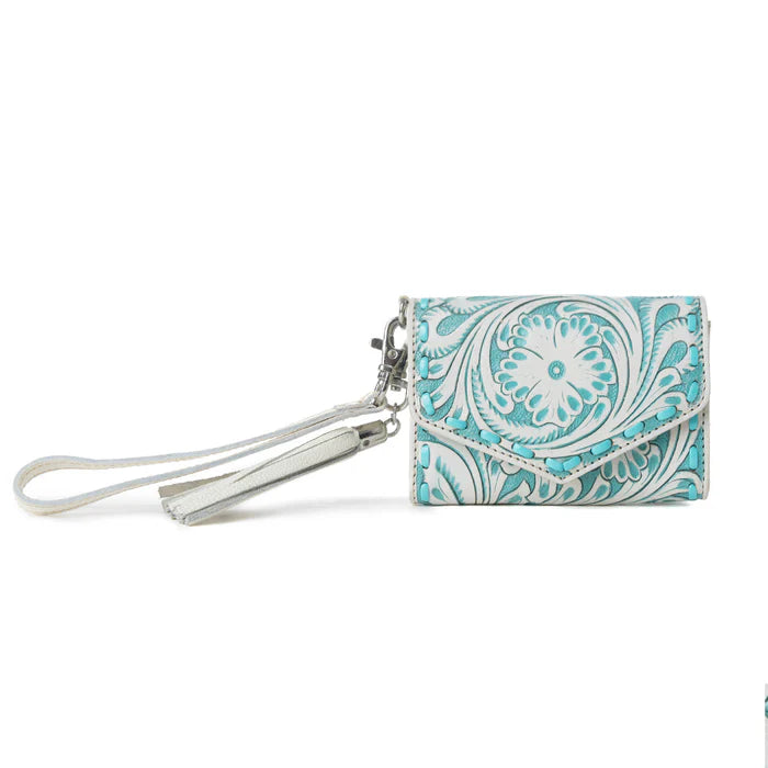 S-13919 MYRA ELISE HANDTOOLED LEATHER WALLET IN WESTERN CYAN