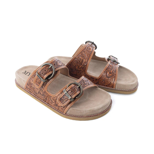 S-14068 MYRA DESERT FERN HANDTOOLED LEATHER SANDALS IN AUTUMN TAN
