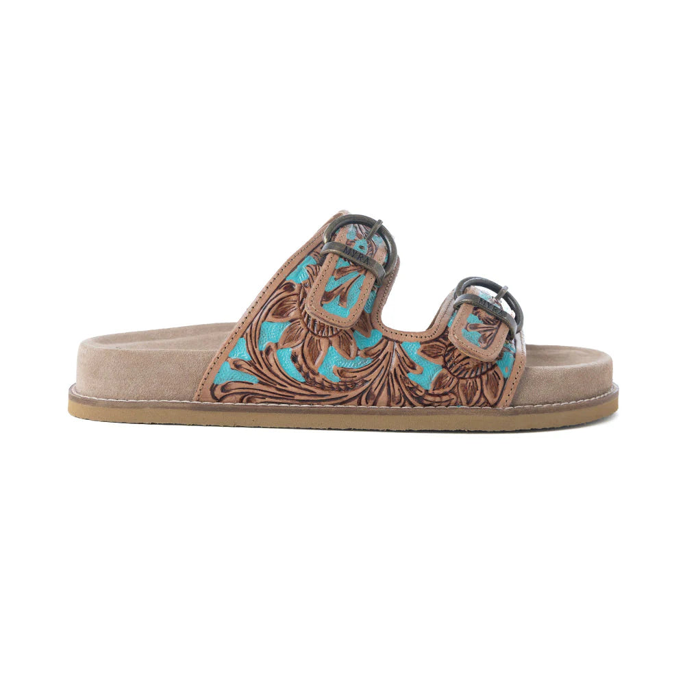 S-14069-6 MYRA MEADOW SKY HANDTOOLED LEATHER SANDALS IN SAGEWAVE BLUE