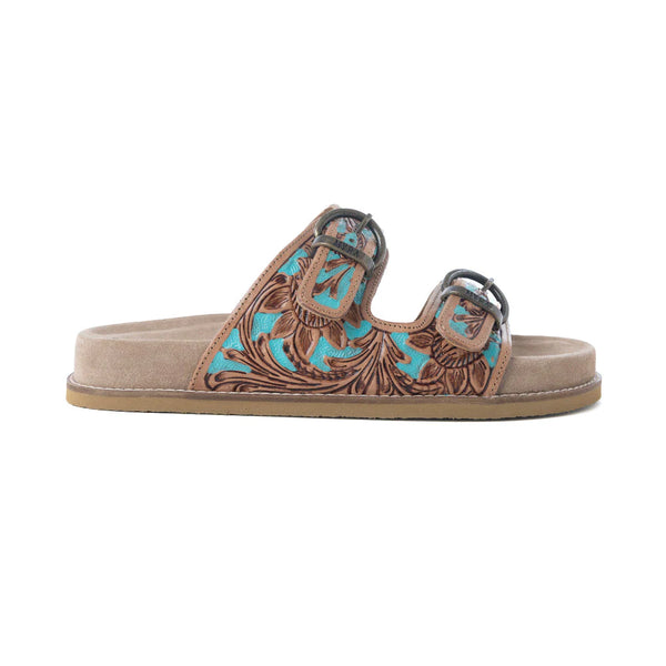 S-14069-6 MYRA MEADOW SKY HANDTOOLED LEATHER SANDALS IN SAGEWAVE BLUE