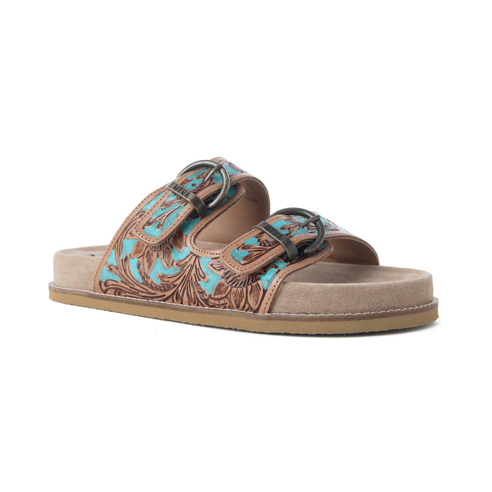 S-14069-6 MYRA MEADOW SKY HANDTOOLED LEATHER SANDALS IN SAGEWAVE BLUE