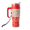 Bandana Tooled Western Tumbler In Red Stainless Steel With Handtooled Leather S-14763
